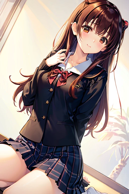 (masterpiece, reflections, atmospheric lighting, dynamic lighting), best quality, 1girl, perfect figure, perfect face, black hair, long luscious black hair, curly hair, delicate hair, deep brown eyes, glowing amber eyes, delicate fingers, delicate legs, shy, embarrassed, blushing, dangling earrings, school uniform, preppy school uniform, brown school jacket, white school shirt, brown checkered school skirt, black knee high sock, brown school shoes, hands over breast