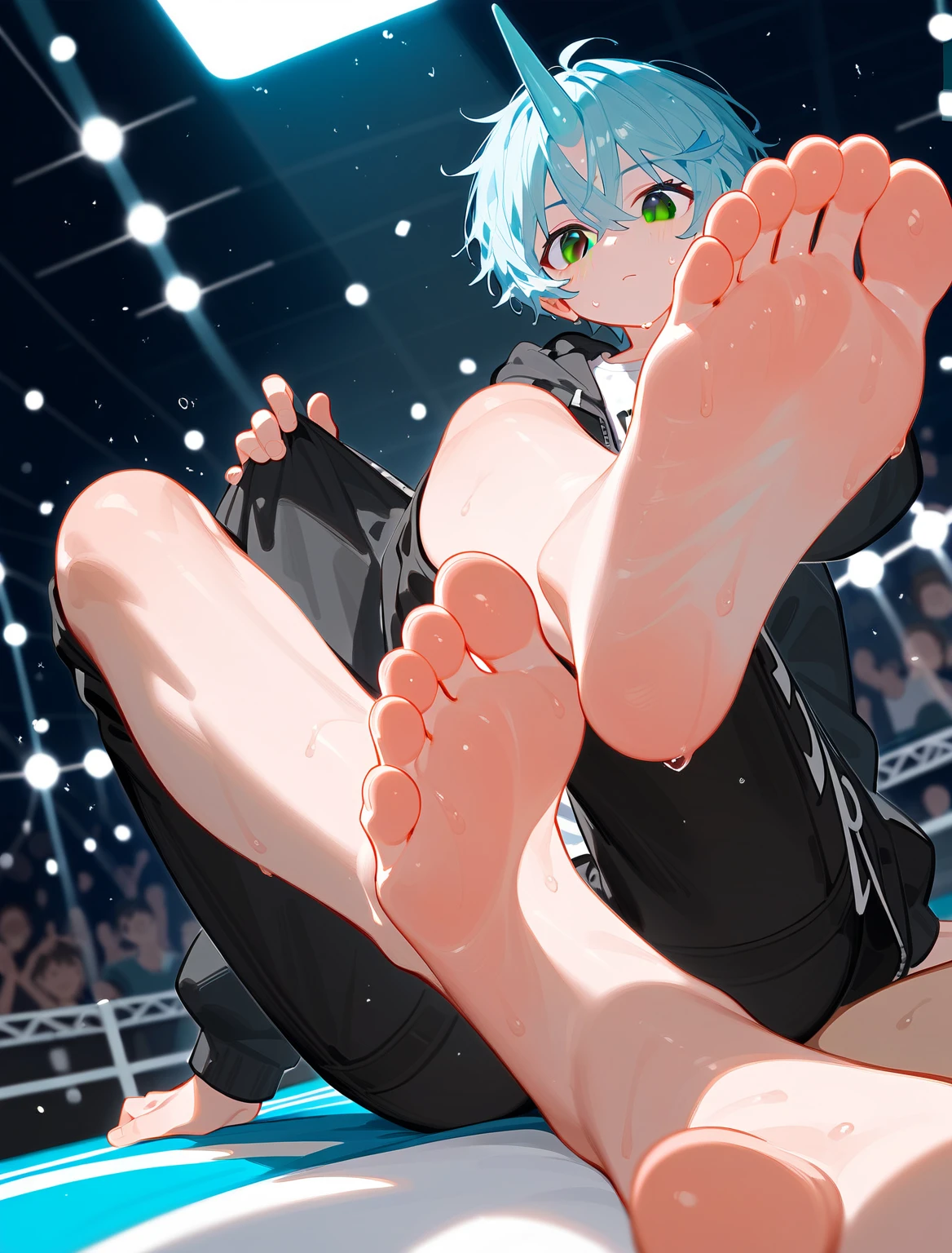 A cute boy showing his stinky feet low angle,barefoot, Sweating on the soles of the feet, Foot Focus,White T-shirt, Wearing a white and black hooded jacket,Unzipped hooded jacket, There are bangs between the eyes,short hair,Light blue hair, Black pants, Anatomically correct, There is a single blue horn in the middle of the head, black eyes, Looking at the audience，Confuse，Sitting on another man&#39;s belly，Sit on the stomach，Another man&#39;s hands were tied