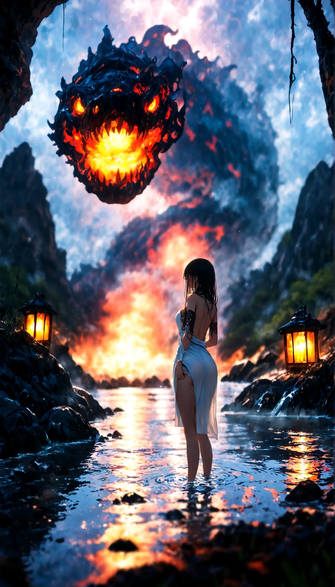 masterpiece, best quality, amazing quality, very aesthetic, high resolution, Ultra-detailed, absurdres, new , landscape,High Definition,arm cover,  REST, depth of field, volumetric lighting,mineral debt ,A girl in the hot springs, depth of field, imagen de High Definition, a lot of details,(Unidentified giant creature that lives in Lake Caldera), fiction, elegant.ass covered with a white towel,(Strange creature:1.2)