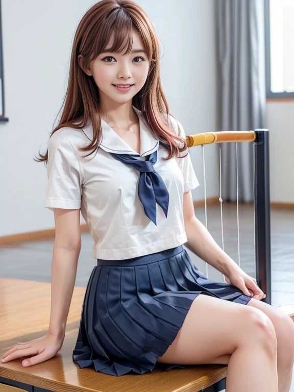 Top Quality,extremely highly detailed,masterpiece,realisitic,Photo real,bright lighting,1 girl in, Very beautiful 17-year-old girl, (kawaii:1.2),faint smile, (Brown eyes),(ligh brown hair),(bangss),perfect shiny skin,Flawless skin,((Erotic,Sexy and sexually explicit)),((Precise hands without dissonance)), large full breasts,Big breasts and a thin waist, Watch your audience,,((Short sleeve uniform white shirt)),(Blue mini pleated skirt),(((skirt lift by yourself:1.3))),(lifted by self),(Show Panties:1.5),Wearing panties,panties focus,((Sits,Open Legs Wide)), Sock, (Black knee socks),(Loafer Shoes), daytime,On the train,Long horizontal seats with your back to the window, Smiling broadly, (spread legs:1.5)