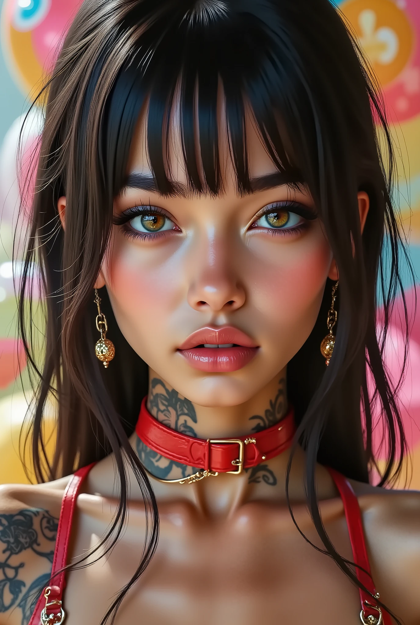  [Style: "masterpiece, realistic, (photo realistic Realism), ultra-detailed, Hyper high resolution"](Key Directive: - ("The priority is the anatomical accuracy and texture of the materials" - "Ultra-sharp human eyes with biological accuracy") { "Eyes: (acid-resistant terminology) (macro-details:1 . 5): * Moist corneal surface (visible aqueous layer:1 . 2) * Hyper-detailed iris stroma ((brown) with gold flecks) * Precise limbal ring (slightly darker pigmentation:1 . 22) - "Lashes: blue individual synthetic fibers (crosshatched roots:1 . 2 , clump-free separation)" (Post-Processing: - "Frequency separation for skin vs eye details" - "Selective sharpening: eyes200% , hair80%" - "Denoise: luminance20 , color35 (retain corneal speculars)") (Avoid: "pupil distortion , uncanny valley asymmetry , plastic-like wetness") ((beautiful western model:1.8)),(photorealism: 1.4),( hot girl brown skin),(complex and realistic skin texture:1.4), {{"[dynamic pose,portrait ((full body view)), 25yo, skinny, Honeycomb latex top "mesh bra" red yellow latex harness choker intricated ,complex thin laces stomach harness, tied up,arms tattoo,((micro skirt)), garters,flat chest,angelic cute face,white teeth, perfect beauty, long eyelashes, (neon pink lips), oiled skin,(psychedelic background,voronoi backround), hyper realistic and detailed face, ((no blur sharp focus on all body))]"}} 