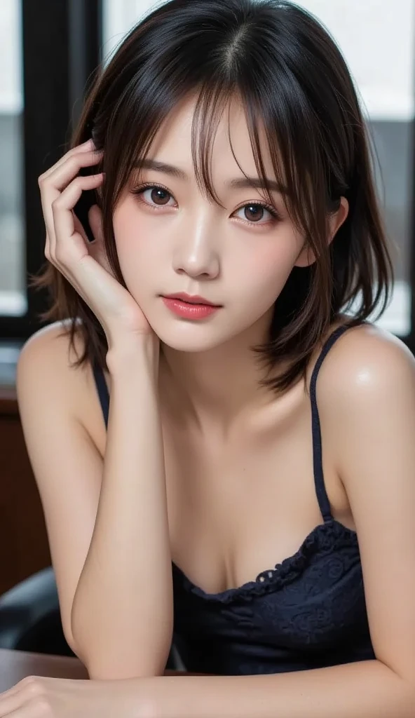Cute 21 years old Japan、Christmas、luxury hotel、Hotel Dinner、A smile、Super Detail Face、Eye of Detail、二重まぶた、beautiful thin nose、foco nítido:1.2、prety woman:1.4、(light brown hair,short cut hair, top-quality、发光、masterpiece、超A high resolution、(Photorealsitic:1.4)、