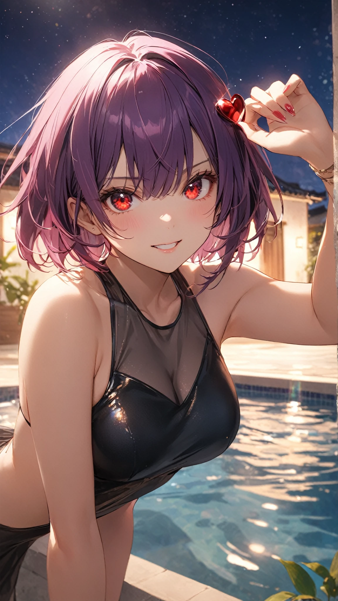 1girl, solo, animal ears, pose, happy, smiling, fangs, purple bear ears, purple hair, ahoge, bangs, short hair, original character, pink eyes, magenta eyes, red eyes, multicolor eyes, short hair, wavy hair, swept bangs, small breasts, flat chest, bear ears, tired, sleepy, bags under eyes, beauty mark, young, loli, short eyebrows, beach background, pale, swimsuit, tropical, summer, scenery, beautiful, 10k ultra hd, beach, island, sunny