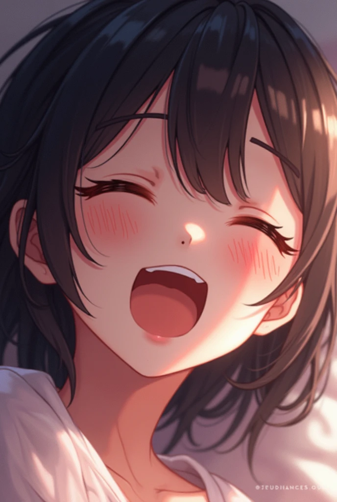 nsfw,1 girl,Solo,hair,(black hair:1),uvula,portrait,masterpiece, best quality, very aesthetic, absurdres,looking at viewer,split,(Black clothing),pov,open mouth,White Breath,shiny,gloss,heavy_breathing,mouth pull