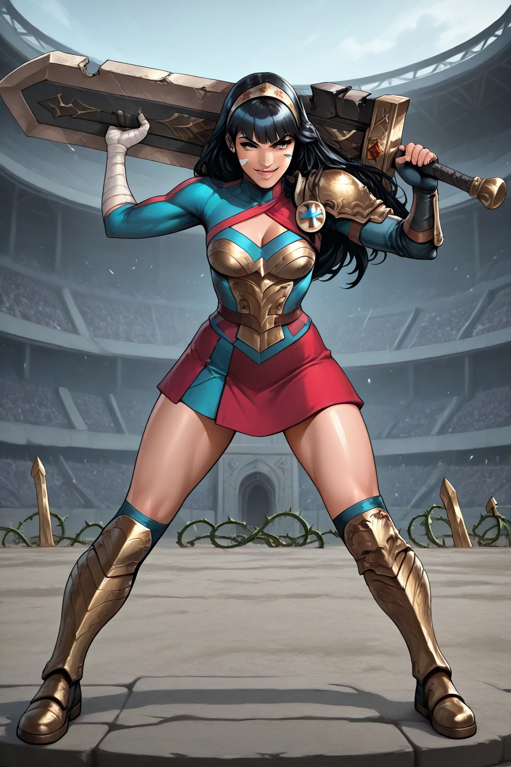 (masterpiece, top quality, best quality, official art, beautiful and aesthetic:1.2), (1girl:1.3), dark brown hair in a huge ponytail, extremely detailed, portrait, looking at viewer, solo, (full body:0.6), detailed background, close up, (hot summer coliseum theme:1.1), human gladiatrix, charlatan, mysterious, walking in forest, revealing bronze gladiator armor, spear and shield, metal bikini, topless, tits out, brown leather, cowl, cloak, bracers, armor, gauntlets, helmet, facemask, long boots, buckles, straps, light grey fabric, brown leather, ((((gigantic breasts, cleavage, skindentation)))), slim waist, slim hips, long legs, medieval (coliseum arena exterior:1.1) background, dark mysterious lighting, shadows, magical atmosphere, dutch angle,