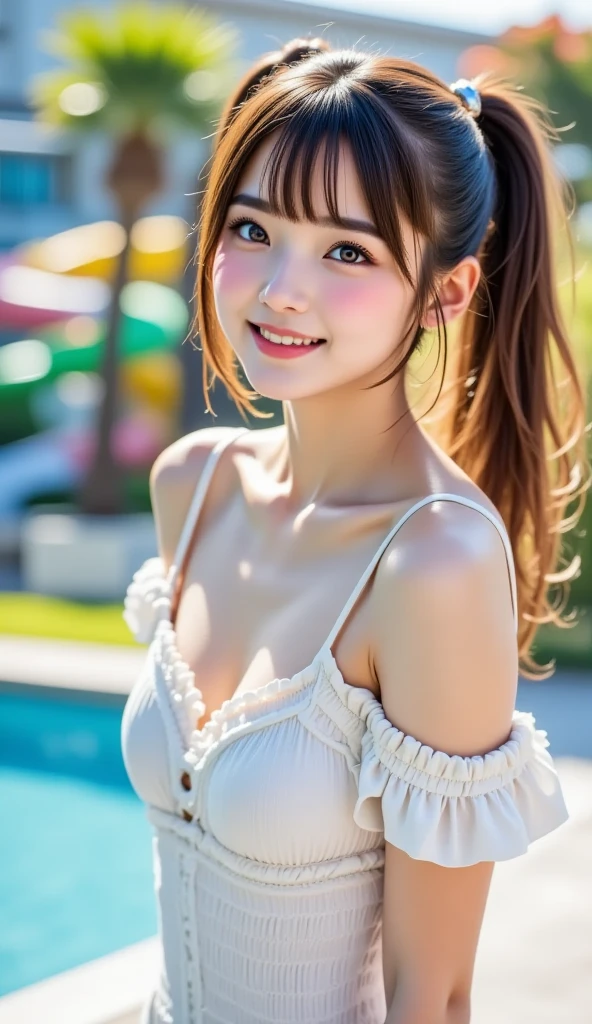 (Highest quality, DSLR shot, 8k, highest quality, high resolution, highest quality, highest resolution, very beautiful woman, perfect anatomy), bright brown eyes, very bright brown eyes, small diamond-shaped earrings, looking directly at the camera, beautiful brown hair, ((youthful face, loose and cute medium ponytail)), very short and beautiful bangs in brown hair, cutout detailed modest outfit, beautiful 20-year-old, lip gloss, smiling very happily, very cute smile, upper teeth, beautiful teeth, (random beautiful summer sea or pool horizon (background only)), slightly large eyes, small face, tall supermodel, beautifully shaped model, random cute pose, dynamic angle, focus on eyes, head tilt, very detailed and realistic, very beautiful 20-year-old, ((medium shot)), sharp jawline, cutout detailed white dress, straw hat, deep waistline, sexy legs, side view, smiling very happily, laughing, summer daytime