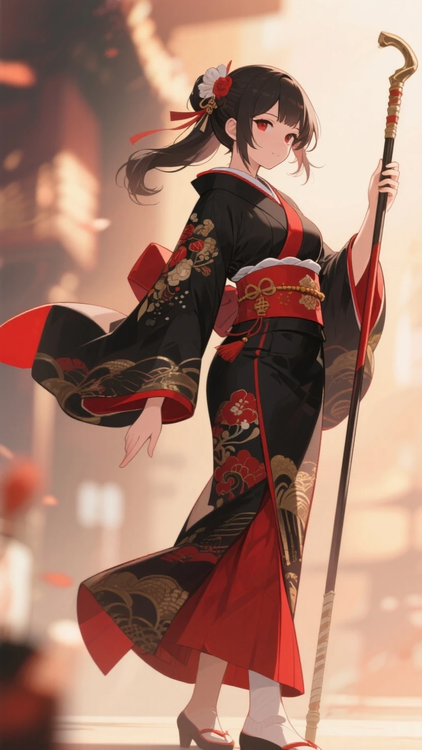 camellia、Black Hair、kimono、Red eyes 、Japanese Landscape