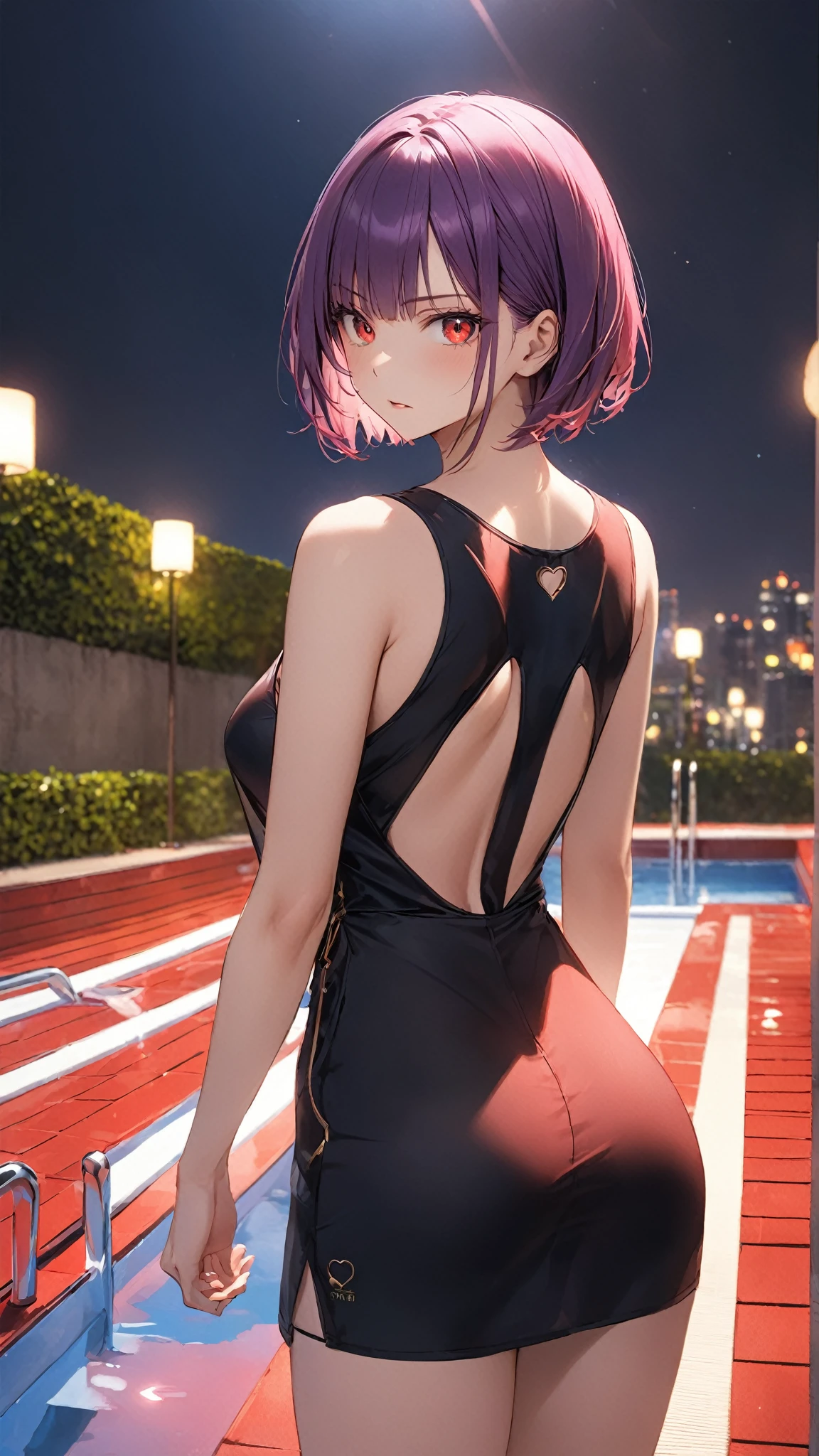 Girl with light purple hair, with a white mole in her hair, cut to the shoulders, semi-lowered hair, semi collected, with one light purple eye and the other greyish white, white eyelashes and light purple eyebrows, with vitiligo, sitting on the heights of a building in a city, with black swimming suit with red stripes, without the mask of the suit