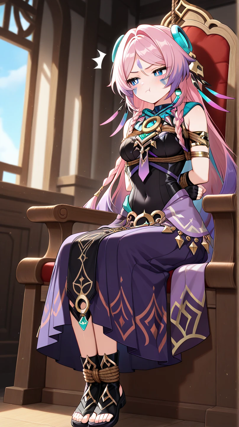 Anime Style,Nostalgic,Detailed background,The medieval world,A palace-like cave,A beautiful purple-haired smiling bard elf,Large Breasts,Healthy thighs,Underarm,Lots of people