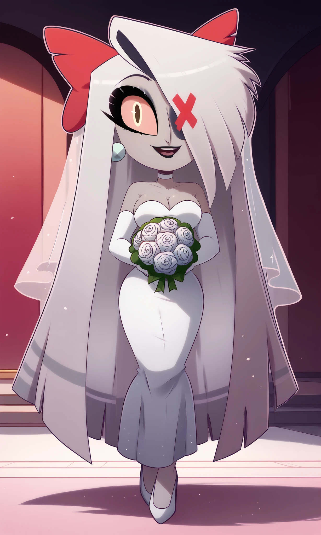big head, , chibi style, chibi , chibi,cute chibi, , vaggie(hazbin_hotel), (vaggie) 1 girl, xvaggiex, white hair, very long hair, bun, red sclera, yellow eyes, hair over one eye, 1 girl, breasts, jewelry, solo, earrings, wedding dress, bouquet of flowers, makeup, white shoes, full body, cleavage, medium breasts, smile, dress, strapless, strapless dress, open mouth, looking at viewer, eye shadow, lipstick, heart, wedding veil, wedding dress, white dress, white elbow-length gloves, white thighs, wide hips, thick thighs,, Vaggie