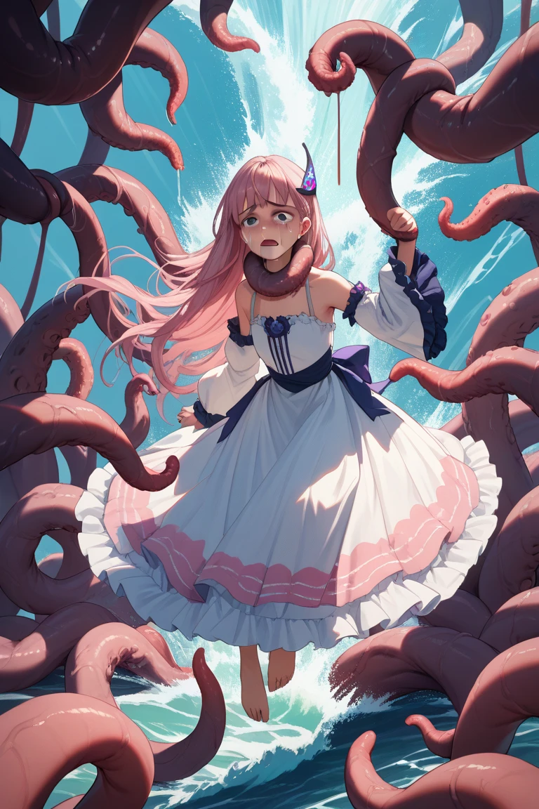 Anime girl with light purple hair and white dress with wand, octopus goddess, Scylla, anime monster girl, masterpiece, best quality,