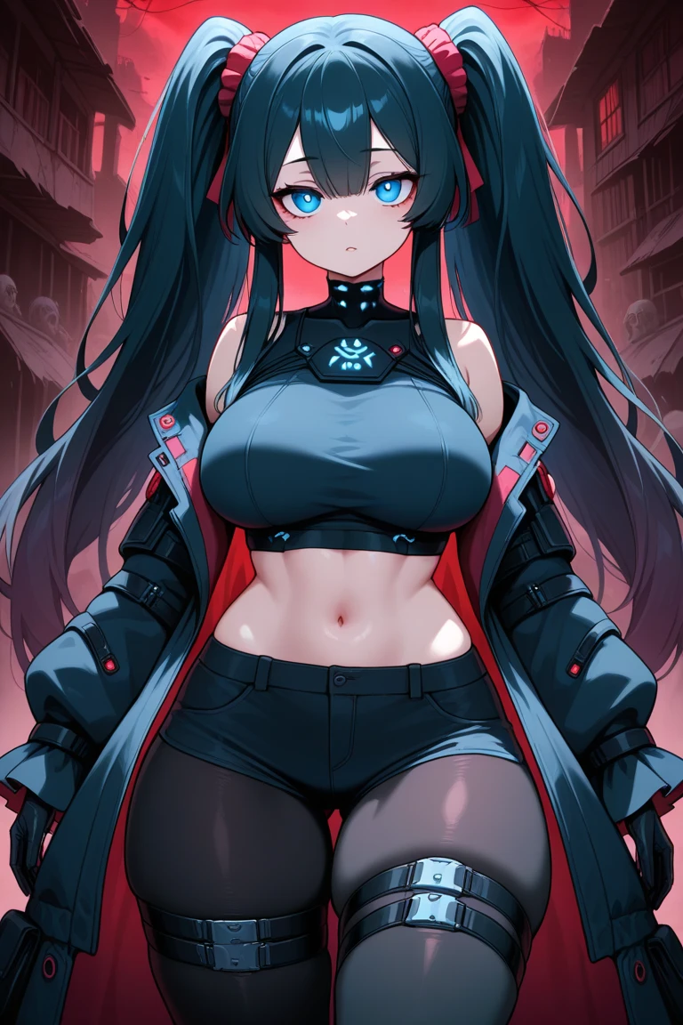 Tall girl, Long black hair, Fox ears, Cyan eyes, Combat uniform, open belly, smirk, Masterpiece, hiquality