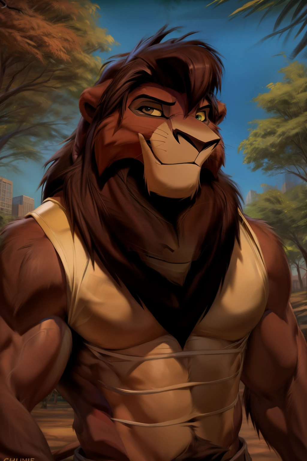 ((By Zaush)), ((By Chunie)), ((By Darkgem)), handsome furry anthro male Lion wit, ((Kovu from the Lion King)), wearing a t-shirt, pants, shoes, clothing, background setting, outside, park, city, nature, trees, (head shot), friendly smile, smiling, smiling softly, male, nice, realistic, detailed fur, detailed, lighting, detailed, shading, detailed clothing, detailed eyes, detailed features, Lion, furry, male furry, furry Lion, feline, furry anthro, looking at viewers, detailed background, muscular, muscular male, athletic male.