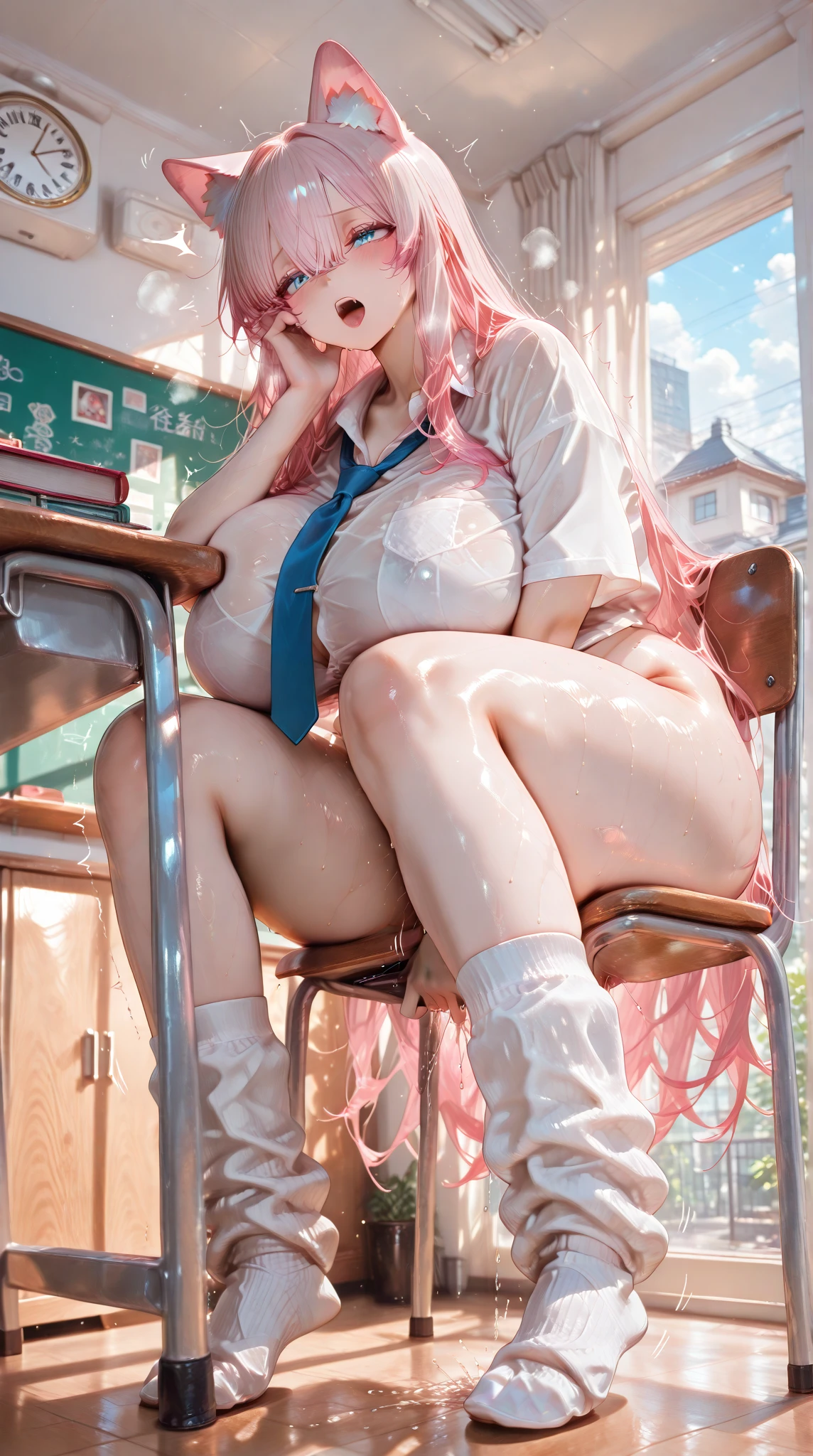 masterpiece, best quality, ultra high res, ultra-detailed, inside a bar, night, rose, pink hair, twintail hairstyle, solo, (gigantic tits and giant cleavage: 1.4), hairy pubic hair, black transparent zipper latex suit, black high boots, looking at the viewer with a seductive expression, pleasure face, erotic face, moaning, beautiful makeup with black eyeliner and red lipstick, steaming body, shiny skin, very wet, (rose is sitting on a stool with her legs spread wide and squirting lots of cum from her exposed pussy while erotically moaning with her tongue out dropping saliva: 1.6), (bottom close pussy photo: 1.5)