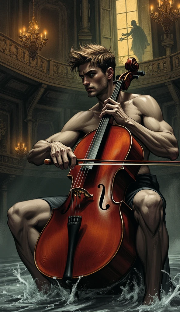 fullbody, A young, latino, handsome, shirtless, pantless, barefoot, fullbody, athletic fitness toned body, sitting playing a cello, symbolizing a timeless connection between past and future. vibrant colors. vibrant colors, MASTERPIECE by Aaron Horkey and Jeremy Mann, masterpiece, best quality, Photorealistic, ultra-high resolution, photographic light, illustration by MSchiffer, fairytale, Hyper detailed