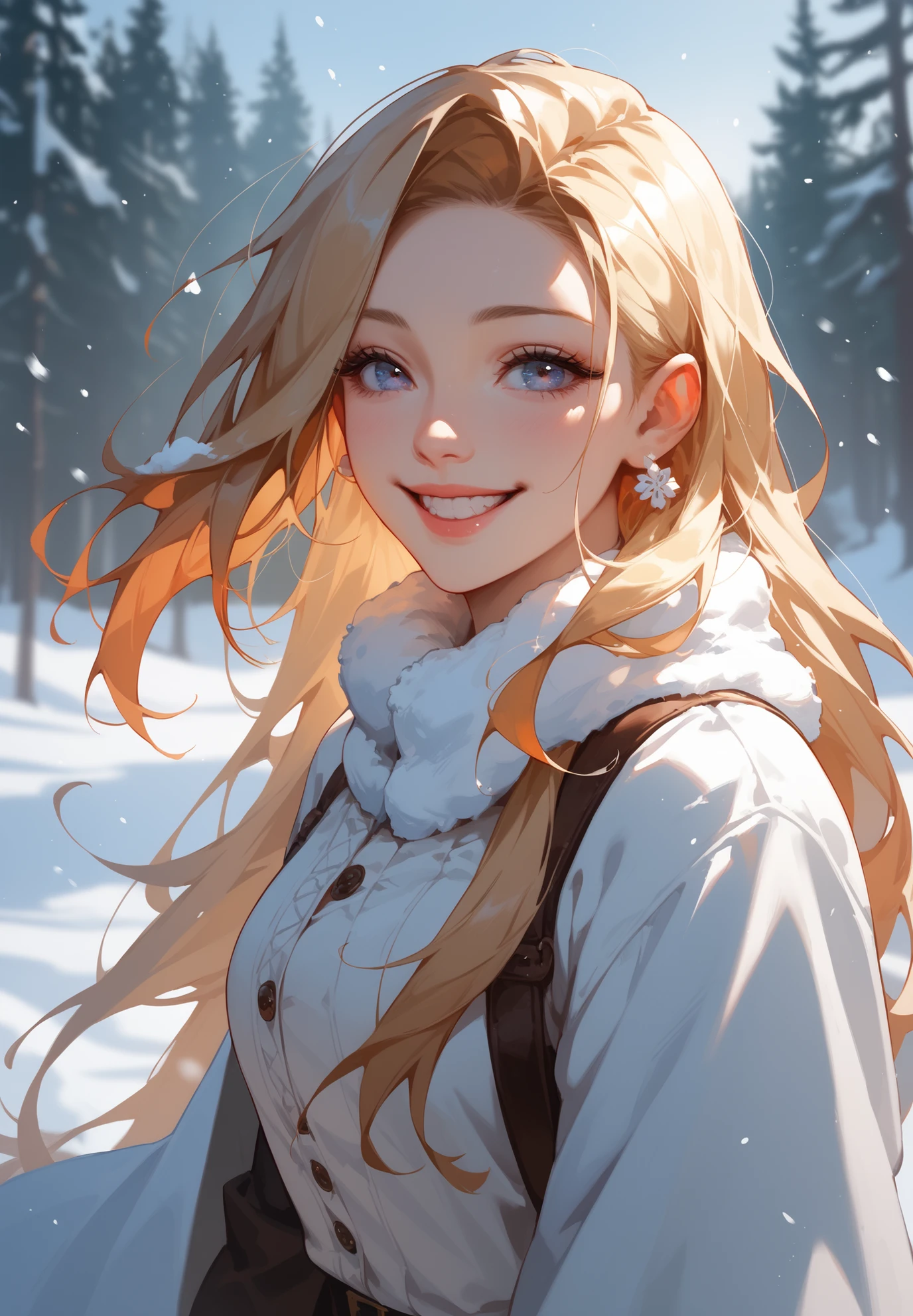 Best quality, 4K picture quality, 1girl, white Hanfu, snow, long hair fluttering in the wind, healing smile, large aperture, blurred background