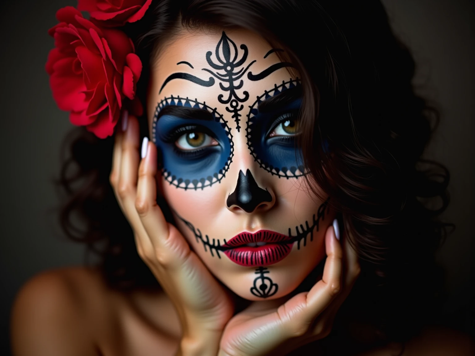 beautiful detailed eyes, beautiful detailed lips, extremely detailed eyes and face, ruby red irises, thick eyebrows, portrait, girl with multi-color day of the dead makeup, nude figure, dramatic lighting, dramatic pose, intricate headdress, vibrant colors, cinematic composition, digital painting, hyper detailed, artstation, award winning, nude masterpiece, (wide angle:1.4), wearing nothing but high heels, contrapposto stance, whole body tattooed, body piercings, accurate nipples, defined areola, rosy pink areola