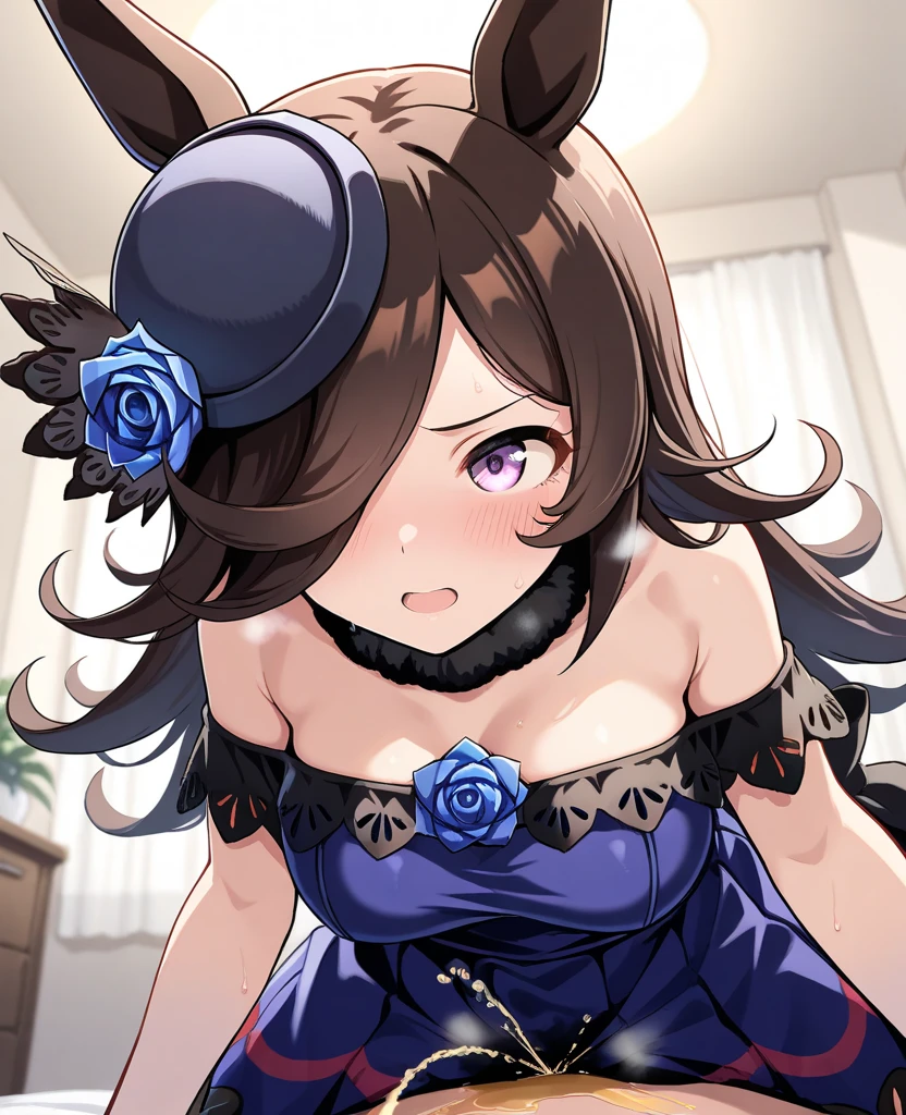illustration, better lighting, Top quality; Dark lighting, Angle from Above; cowgirl position, Sit on the girl; Spread legs, Place your hands in front of your crotch, The crotch is covered by arms, Implicit insertion, The usual cute smile, transparent costume, maid costume, Maid dress, frill dress, see-through maid dress, Huge tits, Short stature, Huge horse ears, Insert into crotch