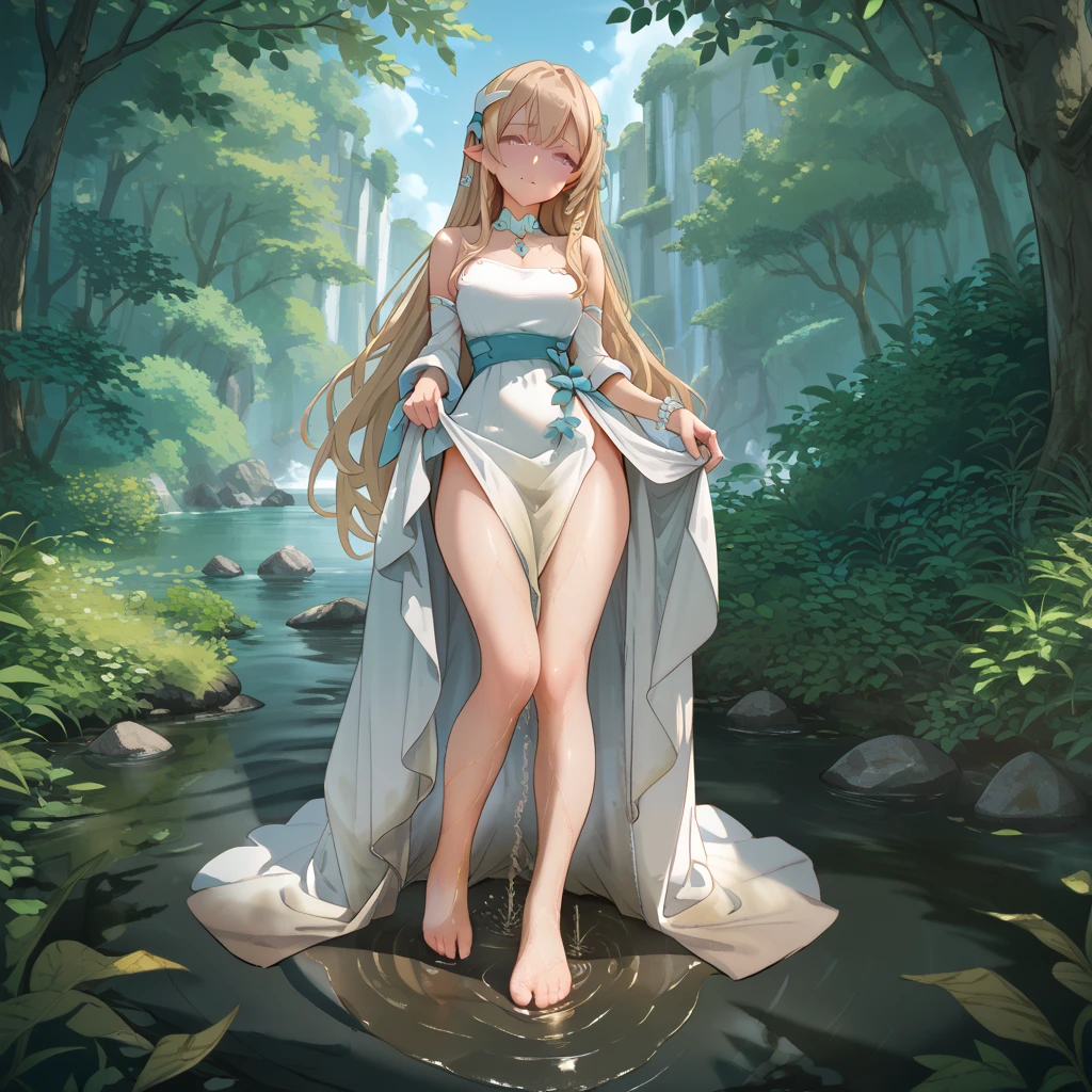 Blonde Elf Girl,Long Hair,Completely naked,full body,細身でSmall breasts,Small breasts,Forest and stream