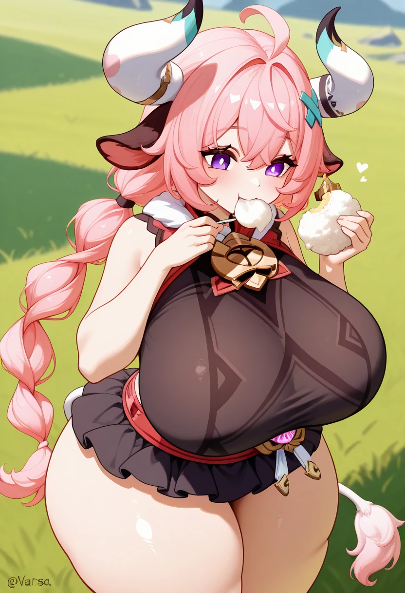 Cute anime 1girl, cow bikini, full body, large breast, big hip, sitting on the grass at night, hose in mouth, big belly
