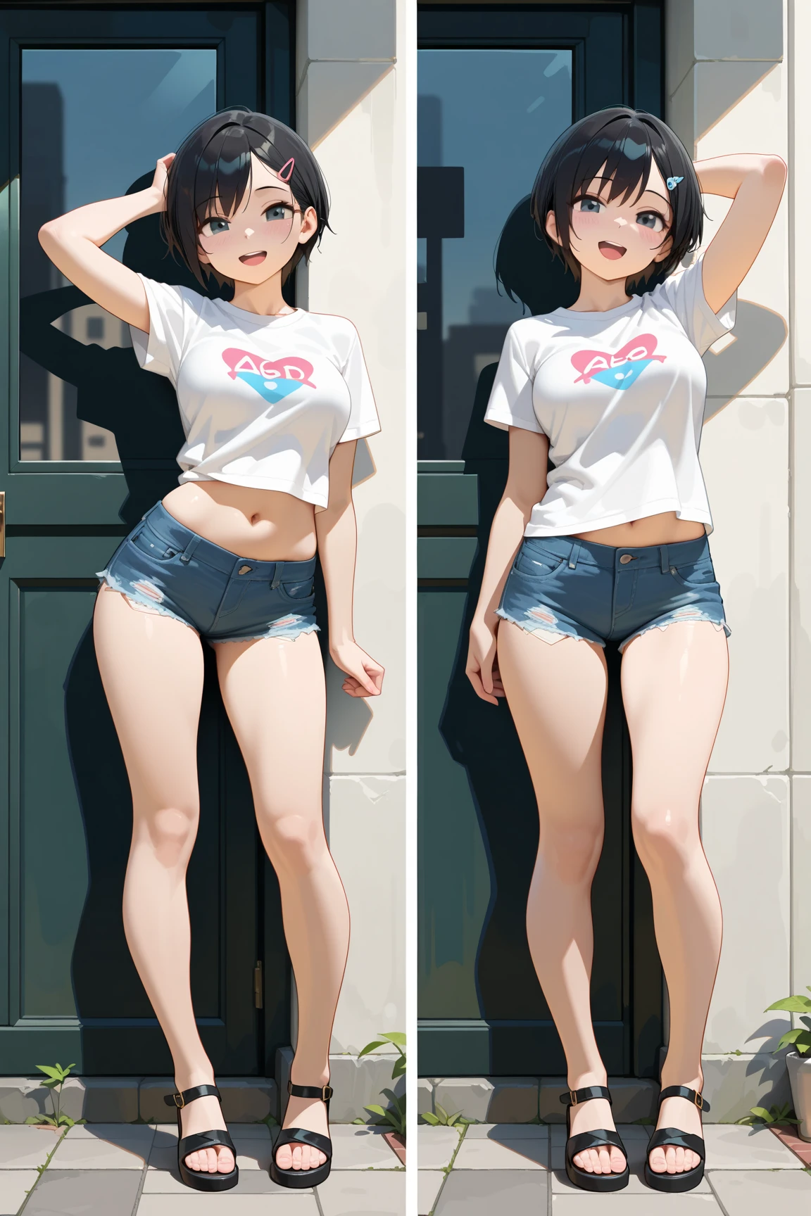 超A high resolution、Photorealsitic、Picture-like images、shortpants、short pants、hotpants、thighs thighs thighs thighs、beauty legs、Navel、stomach、medium chest、cleavage of the breast、Medium bob hair、A dark-haired、a beauty girl