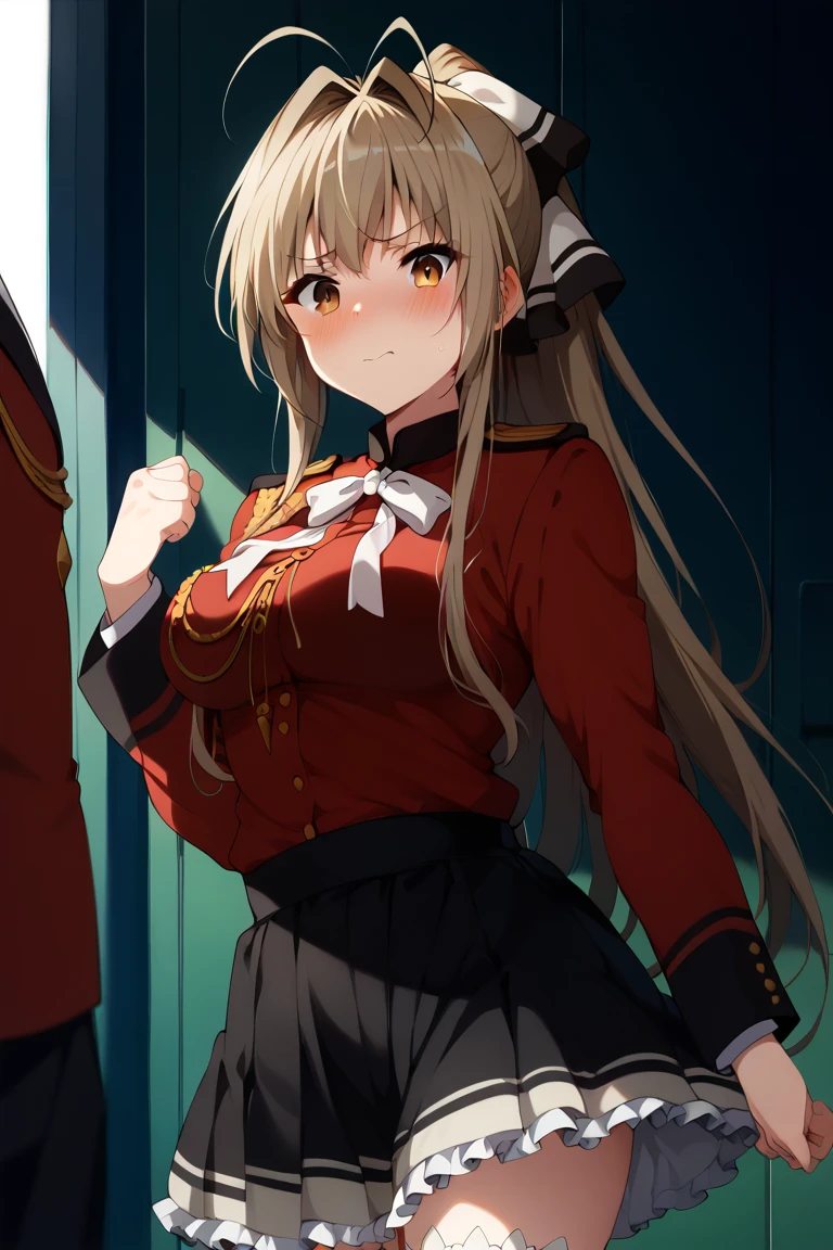 8k, best quality, sharp image, intricate details, ultra-detailed, hyper detailed eyes, detailed skin with a flawless texture delicate and refined, ultra highres, depth field, masterpiece, extremely detailed,
(0.45 :: medium shot :1.8), (from behind shot, rear view, looking back) , dynamic angle ,
(1girl, aaisuzu, sento isuzu, <lora:SDXL_LORA_CHARACTER_SENTO ISUZU_V1:1>, an extremely beautiful 18-year-old girl, flaxen hair, brown eyes, long hair, ponytail, hair bangs, antenna hair, ahoge, hair intakes, hair bow, hair ribbon, perfect shiny skin, flawless skin, (very fair skin:1.5), fair complexion, creamy skin, porcelain skin, cleavage, <lora:breasts_slider_v2:3>, stacked, timid),solo,
covered nipples obviously protruding through clothing, sweat, seduction, nsfw,
<lora:ALTXL_001_4:0.5>,
(the girl's outfit is uniform with red shirt and aiguillette ant black skirt ant white thighhighs :1.2),
(0.05 :: gravure pose :1.3),
at dark night ,
Frame the mystique of Lindos' traditional Greek folklore, with performers dressed in elaborate costumes, mythical stories, and the preservation of cultural heritage. :1.3,
<lora:LCMTurboMix_Euler_A_fix:1>