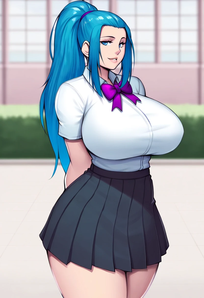 A cute teenage girl, beautiful beauty, big chest, long soft wavy light blue hair, her purple eye, wears a white button-down shirt, wearing a gray sleeveless button-down vest and a metallic purple skirt, pair of red socks, and yellow heels.