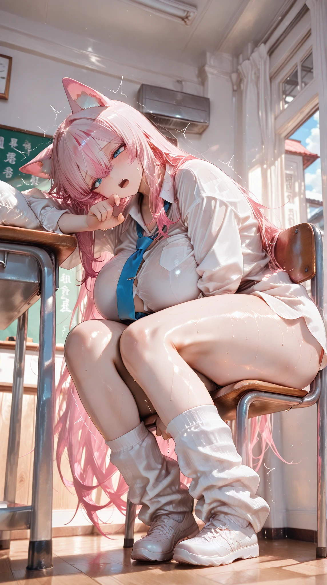 Incredibly naughty scenes , After sexual intercourse, High school girls, Random Hair Color, random hairstyle, Red pupils, huge breasts, nipple, shy smile, wide open pussy, ((Love juice spurt :1.5)), shaved pussy. White semen leaks out. (Sweaty :1.2), school classroom background,