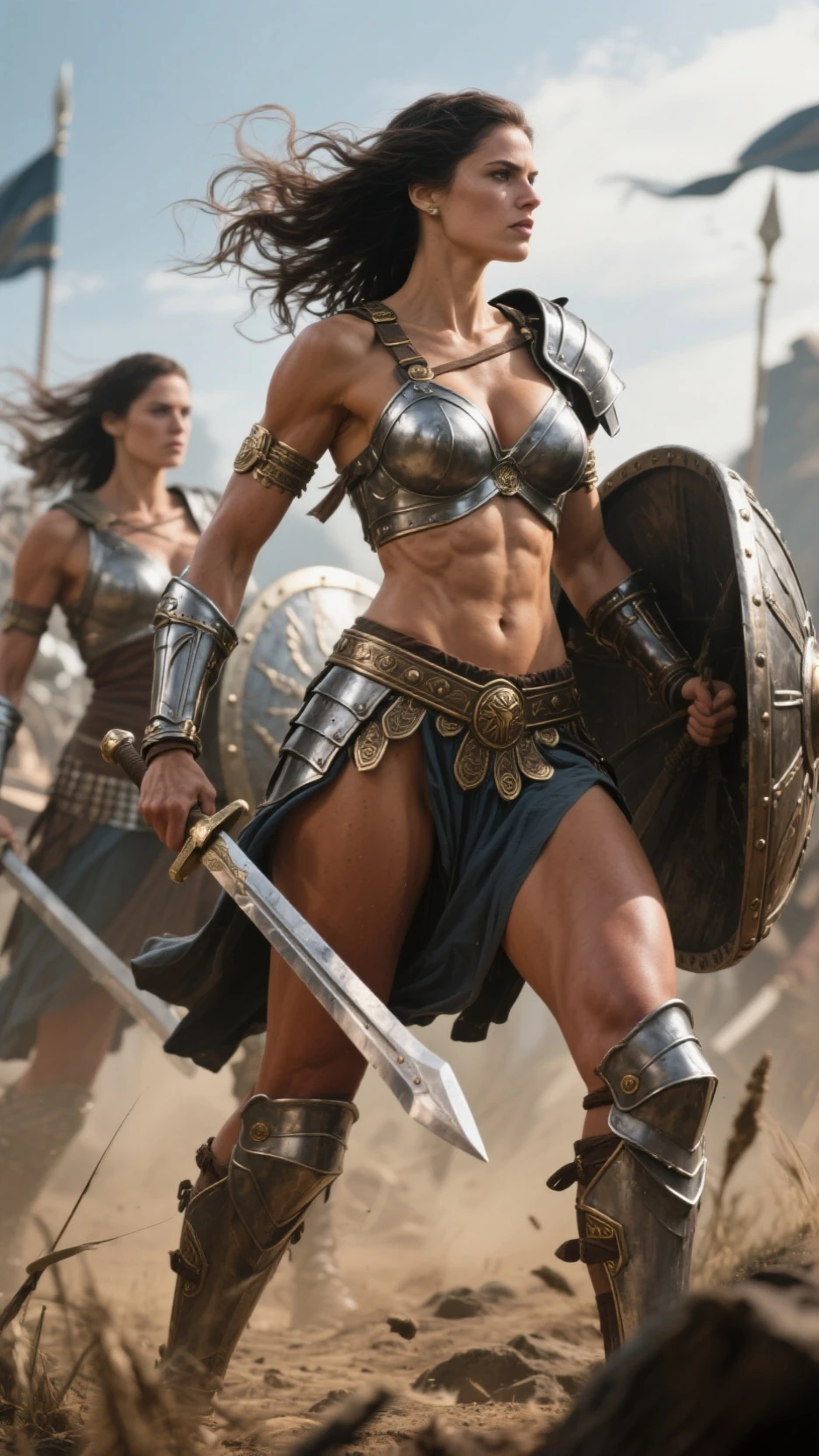 a beautiful female gladiator is practicing with her sword, wearing a tight armor , eyelashes, tanned skin, soaked, soft jawline, fit, toned abs, long and shapely legs, in deep focus, exhausted, intelligent, high quality, realistic