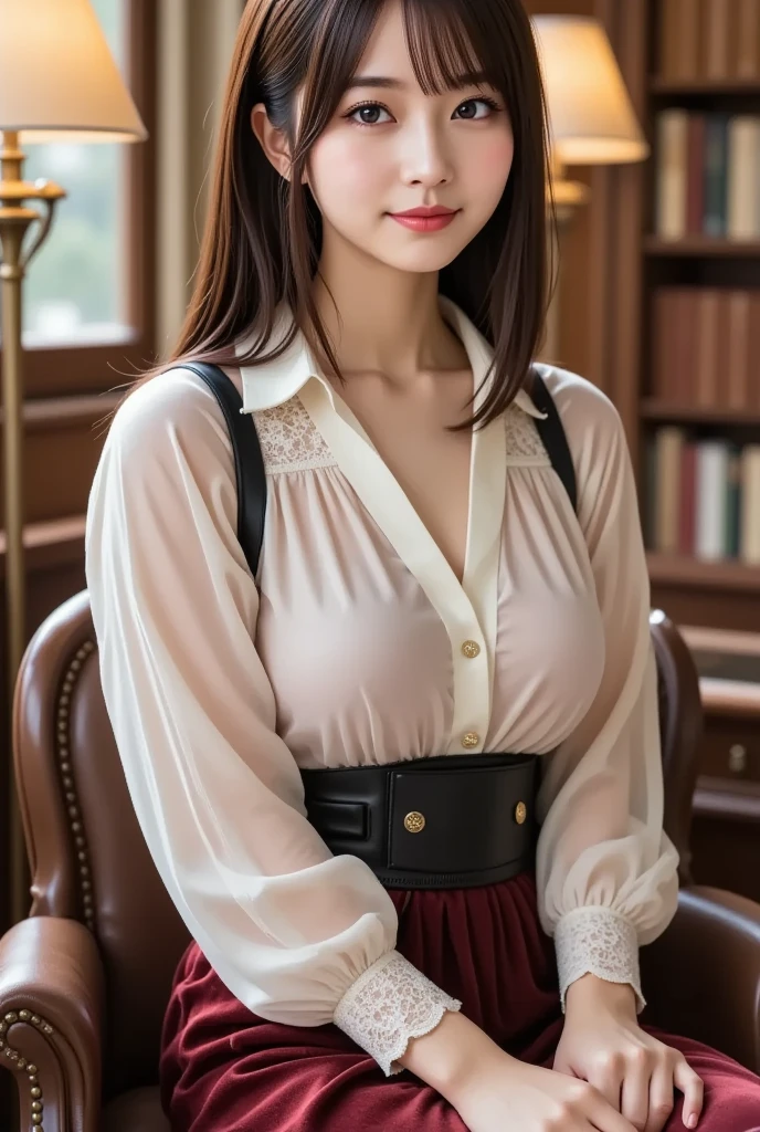 librarian in the library、Neat and clean appearance、White blouse、Tight Skirt、Glasses(masterpiece:1.3), (8k, Realistic, RAW Photos, Best image quality: 1.4), Japanese 、26 years old,(Random Hairstyles:1.2)、Cleavage:1.2、Highly detailed face、Attention to detail、double eyelid、Chest to chest、Sharp focus:1.2、Beautiful woman:1.4、Light brown hair、Highest quality、masterpiece、Ultra-high resolution、(Realistic:1.4)、Highly detailed and professionally lit smiles、