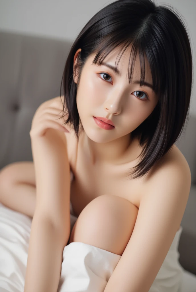 (Real: 1.5, Tabletop: 1.5, 8k), (Top Quality, Masterpiece, Ultra High Resolution), Perfect Dynamic Composition, Professional Camera Work: 1.4, Highly Detailed Skin and Face Texture: 1.3, Mysterious Portrait: 1.3, Glow Light Effect, Ultra Detailed, Alone Girl, ((Night View from Inside a Building, Pitch Black Room: 0.9, Night Moonlight Shining Through Glass)), ((Fully Naked)), Model Body, Clear Face, (Beautiful and Attractive Eyes: 0.9, Dreamy Expression: 1.0, I Love You with all my Heart: 0.8, Beautiful Erotic Taste: 0.7), (Wet Dark Brown Bob Cut), Candle, Big Breasts, Necklace, (Sitting on Bed, Sitting Cross-legged), ((Attractive Features)), Bed, Bedroom, Covered Nipples, ((Blush: 1.37)), No Panties, No Bra, covering breasts, covering breasts, hands on own breasts, hands on own chest