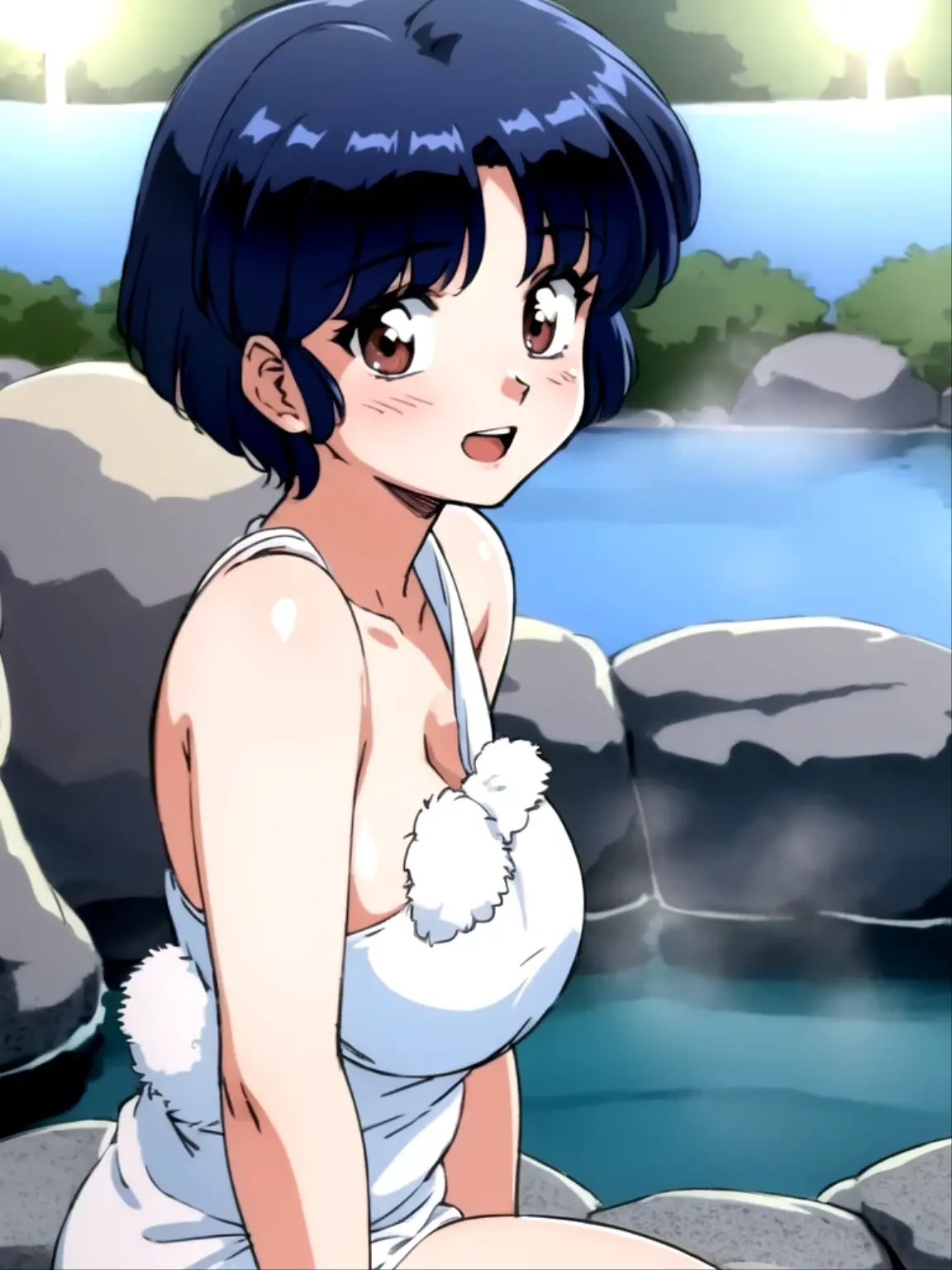 HDR, CG, sharp focus, (8k), (4k), masterpiece, best quality, detailed skin, extremely detailed, hiper detailed, sharp focus, looking at viewer, high quality, AKANE, Akane tendou, short hair, blue hair, brown eyes , tetas grandes, bLush, solo, 1girl, sit on rock, hands on chest, smile, open mouth, hot springs background, night time, towel, bathing,