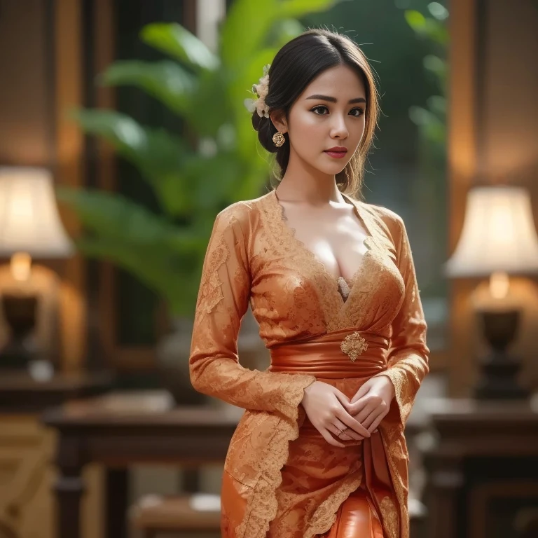 ((a girl (stand:1.2) (alone:1.6) in a room)),((full-body:1.2, cinematic-shot)),(best quality,4k,8k,highres,masterpiece:1.2),ultra-detailed,(realistic,photorealistic,photo-realistic:1.37),(beautiful and aesthetic:1.2),(film grain:1.3).

[(1girl),(solo),((1 person)),(25years-old),[Rara-Eka-Danti],pearl skin,(skin pores:1.1),beautiful detailed eyes,beautiful detailed lips,extremely detailed eyes,longeyelashes,extremely detailed face and skin texture,(skin texture:1.1),black hair,tall and slender body,(192cm tall),thin and delicate figure,graceful posture,flawless skin,defined abs,perfect curves,feminine appearance,beautiful long legs,embodying elegance and beauty,(cleavage breasts,large breasts:1.6),((wearing a see-through (red ultra-short batik-cotton lingerie-dress:1.4))),extremely detailed and realistic (red) clothes,(shiny skin),((sharp focus:1.5)),(earringeathers:1.5),(happy expression,full smile)].

[Indonesian traditional room, wooden furniture, intricate carvings, ornate decorations, vibrant colors, batik textiles, natural lighting, teak wood craftsmanship, traditional artwork, antique objects, wooden sculptures, rich cultural heritage, traditional architecture].

Official art,extremely detailed,Angelic ethereal beauty,award-winning photography,professional photography,depth-of-field,bokeh.