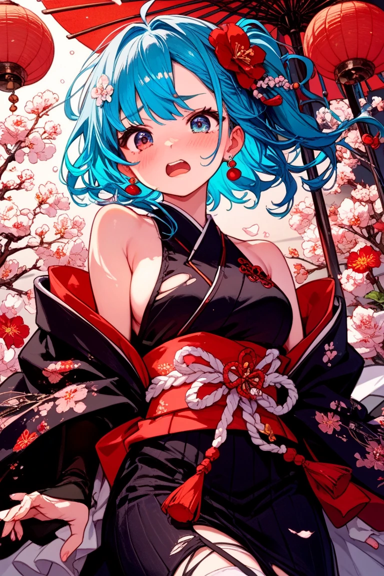 1girl, kimono, (bun:1.1), (thick thighs:0.8), look at viewer, (Japanese pattern background:1.4), dynamic angle
