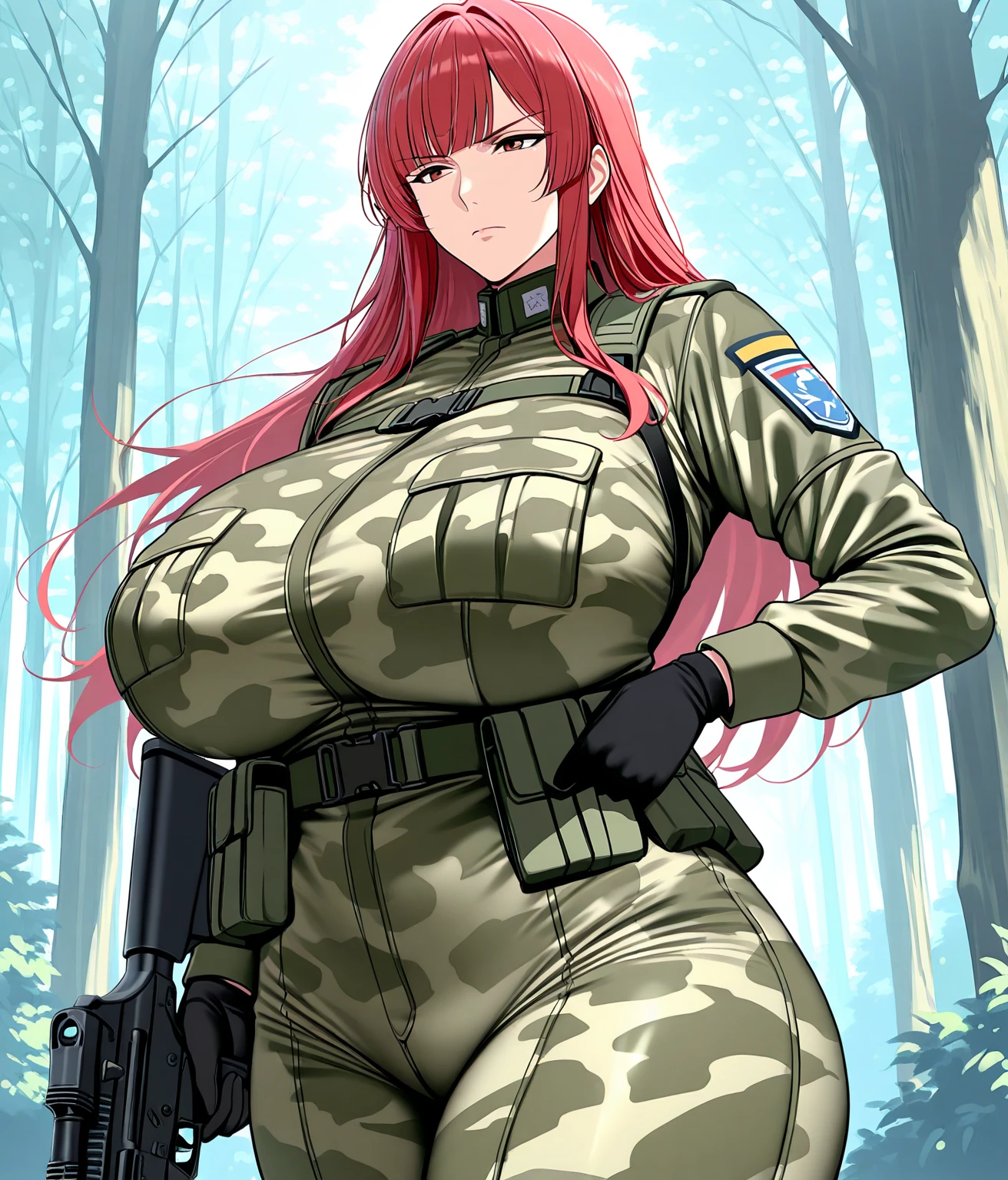 1girl, makima, Chainsow Man, eye patch, solo, big breasts, hair, gloves, eyes, underwear, hand on hip, high thin micro panties, hat, ponytail, navel, thick thighs, high leg, gloves black, jacket, thick thighs, very_high_legged panties, big_breasts, big_breasts, looking_at_the_viewer, cropped_top, hallway_bottom, military_uniform, military, green_jacket, Art Stilo Resident Evil Village
