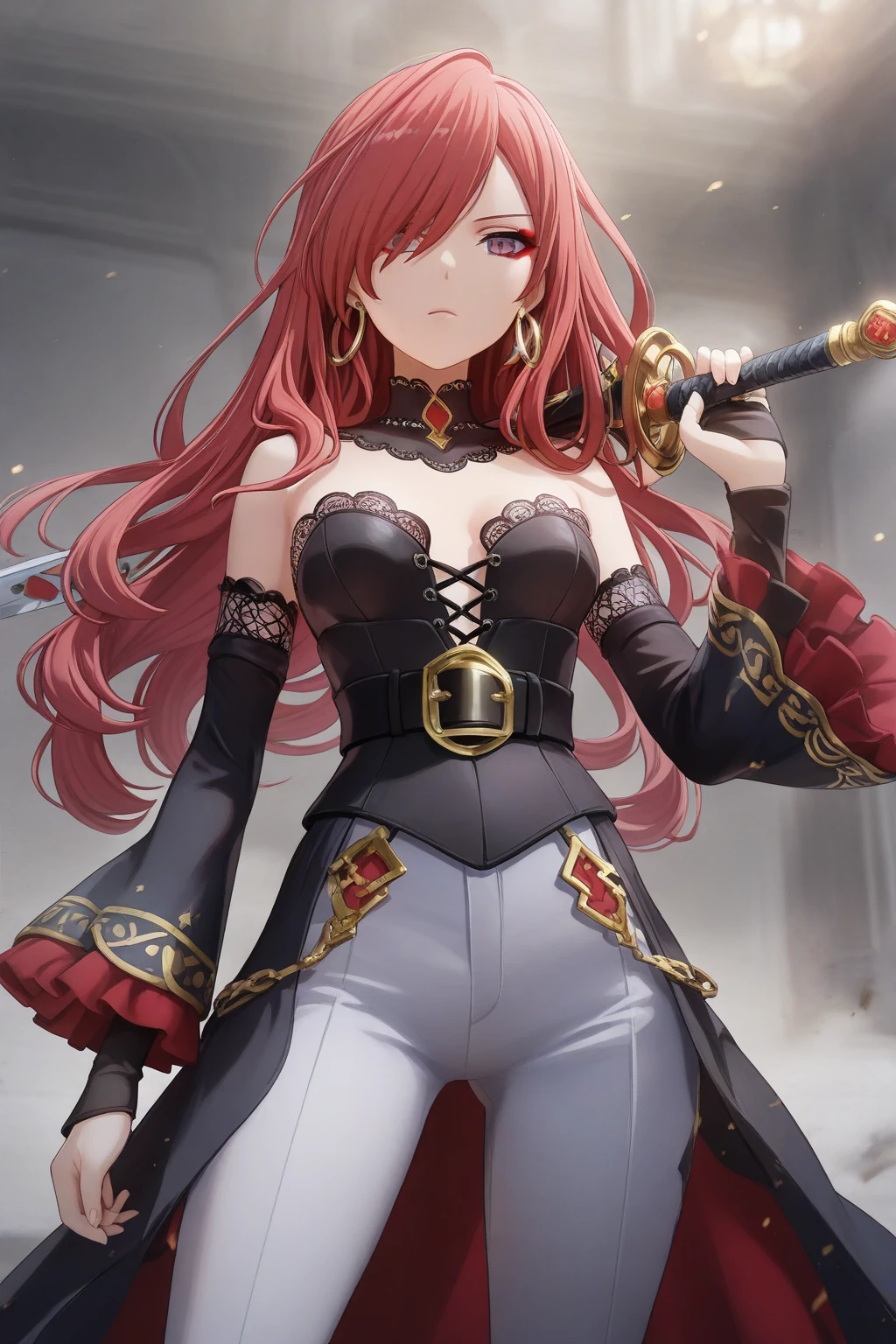 A handsome irish woman in her early 20s. she has long, loosely waved red hair in0 a casual style, with a few strands falling naturally over her forehead. her green eyes stand out on her elegant face – high cheekbones, a dusting of freckles over her nose, thick groomed eyebrows, and a rounded smooth jawline, sexy outfit, whole body