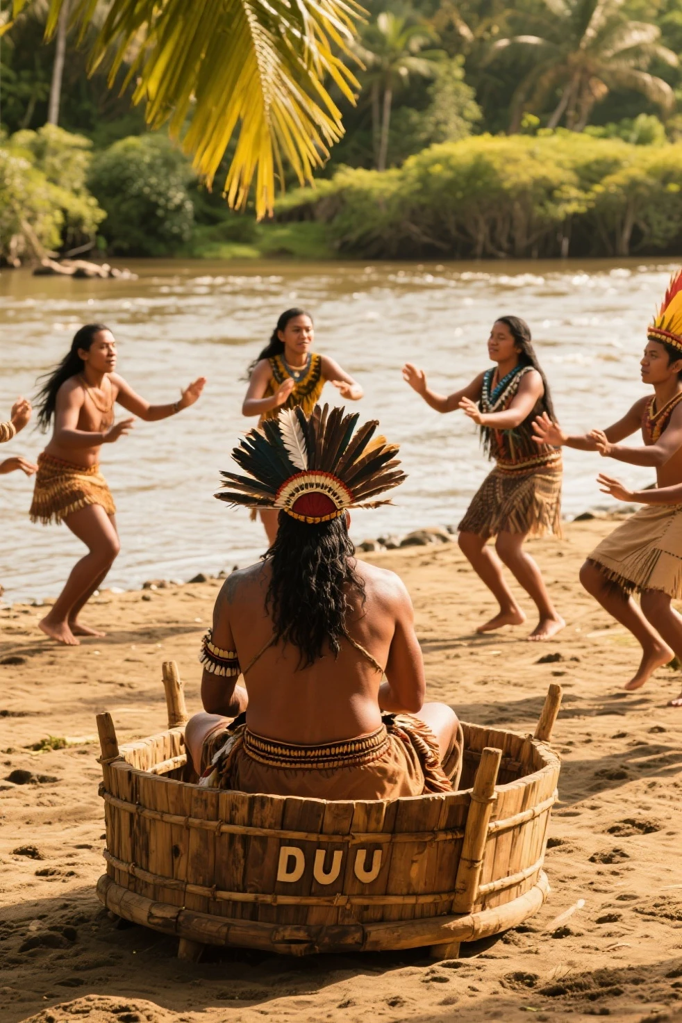 "Create an image of an early Maya gathering in a clearing in the rainforest, performing a religious ceremony. In the center of the clearing, depict the chief wearing a headdress adorned with feathers, symbolizing his connection to the spirit world. He also wears a loincloth made from woven fibers, decorated with intricate patterns and symbols. Around the chief, show other Maya wearing a cotton or woven fiber garment, such as a loincloth or huipil, decorated with intricate patterns and vibrant colors. Additionally, include accessories such as jewelry made from jade, shells, or feathers,wearing a cotton or woven fiber garment, such as a loincloth or huipil, decorated with intricate patterns and vibrant colors. Additionally, include accessories such as jewelry made from jade, shells, or feathers,individuals participating in the ceremony, dressed in similar traditional attire. Some are playing musical instruments or holding ceremonial objects, while others are chanting or dancing. In the background, depict the dense rainforest, with tall trees and lush vegetation surrounding the clearing. The sunlight filters through the canopy, creating a mystical atmosphere. Capture the spiritual significance of the ceremony and the close relationship between the Maya people and their natural environment."