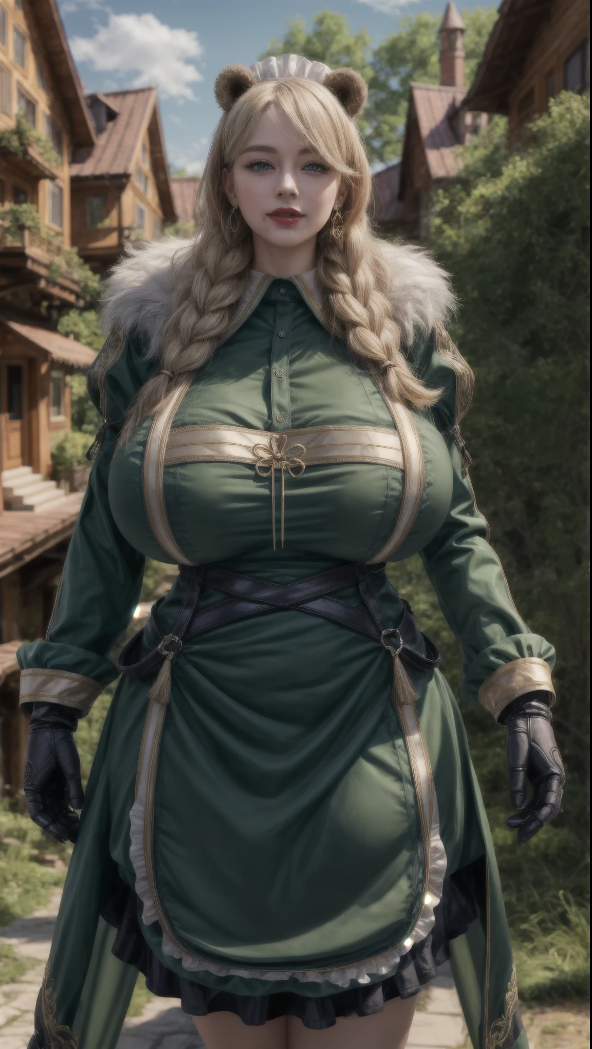 woman, ((Masterpiece, best quality)), full body view, bursting huge breasts, detailed skin, Anna from Frozen as a forest ranger, on a path in the forest, glowing eyes from the bushes, Elegant ranger outfit, highly detailed, cinematic lighting, ultra realistic, blush, looking at viewer, anna, anna from movie Frozen.