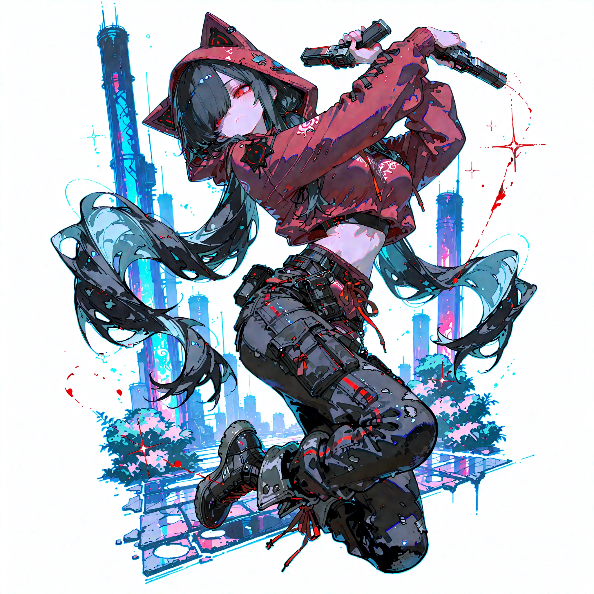 a girl Red blue doomsday punk head cyberpunk jacket shirt Huge mechanical power left fist High tech heavy sword big breasts sci-fi city Japanese anime style Hero character design