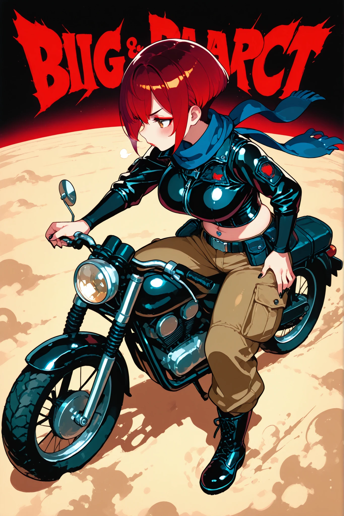 manga artwork cover, movie poster, cinematic natural light, dark moody atmosphere with intense vibes, 1girl, big natural breasts, dark red hair, pixie haircut, brown eyes, wearing a weathered leather jacket with makeshift armor plates, tactical vest with pouches, sturdy cargo pants, heavy-duty combat boots, a scarf around her neck, utility belt, makeup with eyeshadow, long eyelashes, blush, glossy red lipstick, puffy lips, belly piercing, black long polished nails, wearing big round goggles, riding a rusty motorcycle through the scorching desert, wide side camera angle, side view, looking forward, post-apocalyptic desert landscape with sandstorms, piercing hot sun overhead, sand and dust in the air, cinematic color grading with warm tones and harsh shadows, big bold red title in a gritty John Wick-inspired style.