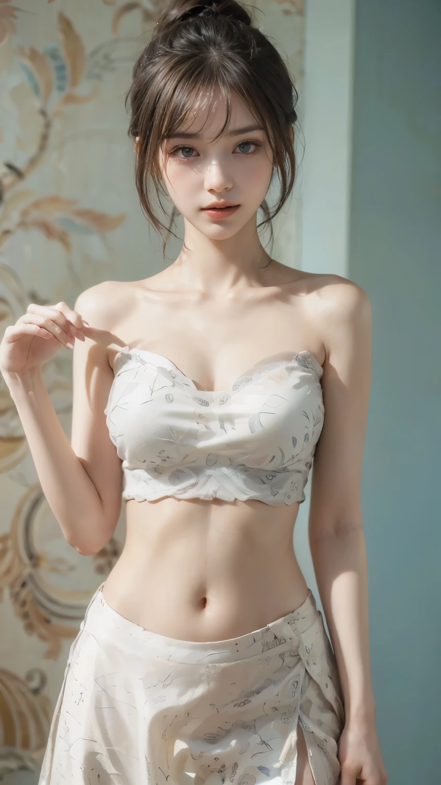 (8K、Raw photography、Top image quality、masterpiece:1.3)、(realisitic、Photorealsitic:1.4)、(Realistis:1.4)、(Transparency:1.2)、Innocent upper-class lady, wearing t-shirts、her navel is exposed, Wear small panties、Exposed thighs!!!, raw,(8K、top-quality、masterpiece:1.2)、(intricate detailes:1.4)、(Photorealsitic:1.4)、octane renderings、Complex 3D rendering ultra detail, vibrant detail, super detailing, realistic skin textures, Detail Face, Beautiful detail eyes, Very detailed CG Unity 16k wallpaper, make - up, (detailedbackground:1.2), shinny skin、A smile、