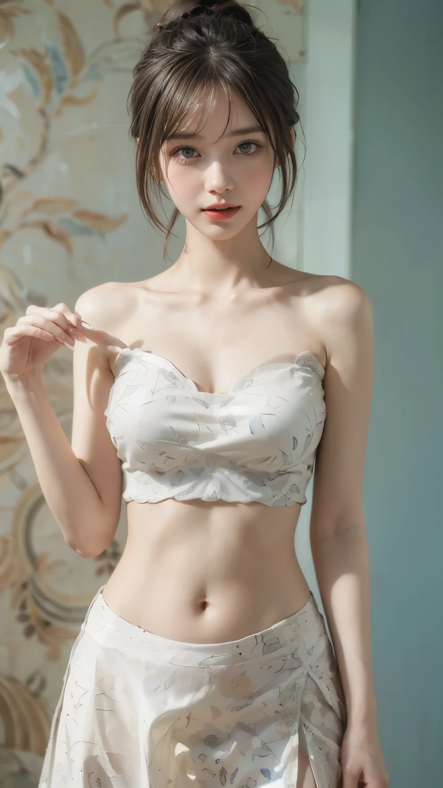 beauty: 1.3, beauty的公主裙,Sexy,,leaks from shoulder,(casual hairstyle, big breasts: 1.2),beautiful woman,Fashion,transparent skirt,Transparent fit,Fashion jewelry,flower,Simple background,quality photography,Realistic style,Award-winning works