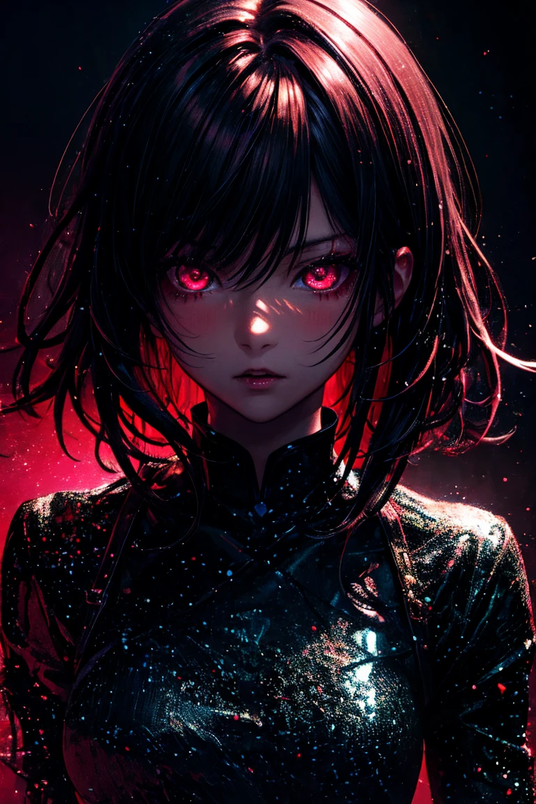 (masterpiece:1.2、highest quality), (Exquisite eyes: 1.2), (Detailed Background、Dark fantasy), (beautifull detailed face), High Contrast, (Best lighting、Very delicate and cute), ((Cinema Lighting) )), colorful, Hyper Detail, Dramatic Light, Intricate details, (1girl, solo, black short hair, Sharp Face, green eyes, green eyes detail, Hair between the eyes, Dynamic Angle), (Blood splatter:1.4), Black light swirling around the character, Depth of written boundary, black light particles, Nightcore, black magician, Spectacular anime style, zerochan art, Anime Wallpaper, Burning, High quality anime art style, Key Anime Art