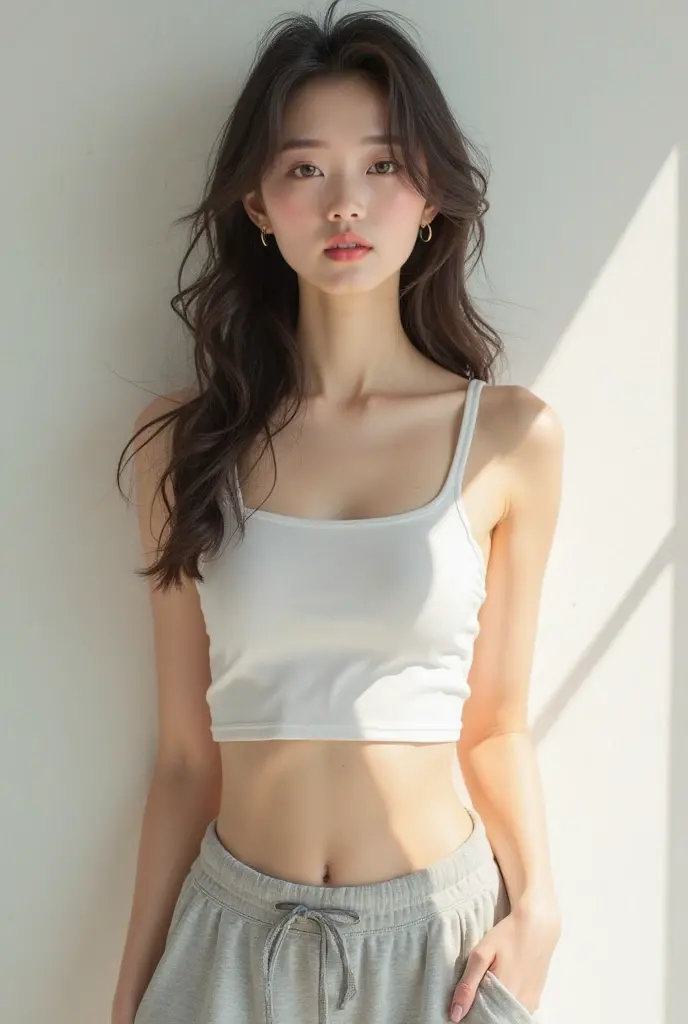 Black yoga pants on the bottom,Orange tights on the upper body,Crop the navel and bare the waist,The chest is straight,sit on chair,Look at the camera with affection。From the bottom up,Hands stroke at the base of your thighs,Enjoy with your eyes closed,