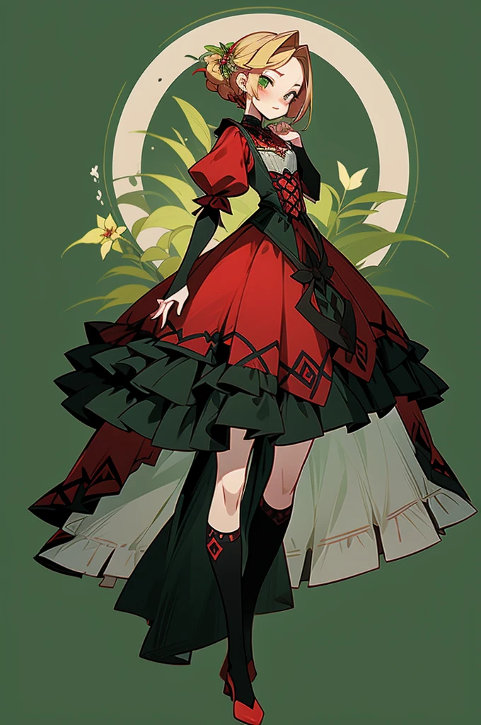 (best quality, masterpiece:1.2), (detailed eye:1.2), (tarot card style:1.3), (tarot framework with leaf:1.2), intricate detail, depth of field, 1girl, looking at viewer, upper body, standing, red dress, blonde, sandal, full bloom, flowers, sunshine, backlight,
