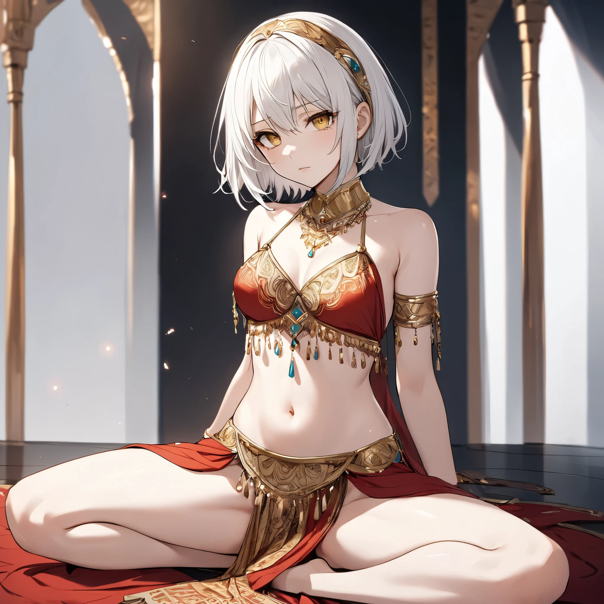 topless, exposed breasts, masterpiece, best quality, erect nipples, white hair, half opened eyes, light blue eyes, close-up, praying, smile, small breasts, thongs, stained glass, altar, bokeh, church interior, sleeveless, navel, full bangs, choker, thighs, sparkling, pool, black sarong, belly dancer clothes, gold headdress, veil, harem outfit, mouth veil, 1 side braid, nun veil, night, gold armband, black gloves, gold thigh strap, bare stomach, red loincloth, kneeling, candles, large nipples, child, petite body, squint eyes, calm face