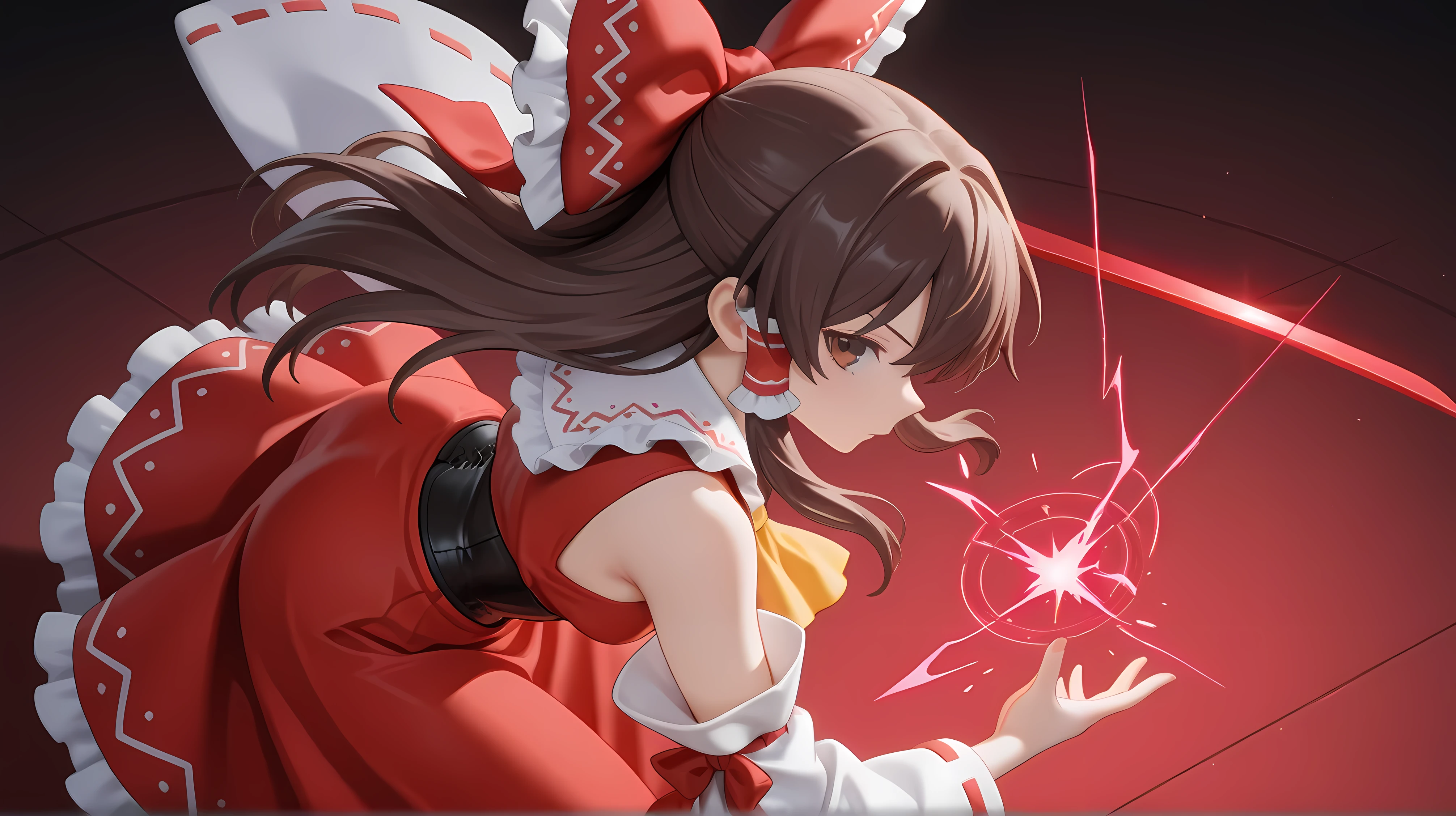 {{{cyberpunk}}},action pose out of frame,      ,very close to viewer,lean forward,{{squat}},hand on ground,{{bend down}},battle scene, [foreshortening], girl, mouth,   powder light, crackling energy ,from above,[Dutch angle],[[white background]],hakurei reimu, 1girl, solo, brown eyes, brown hair, long hair, sidelocks, small breasts,
hair bow, hair tubes, frilled bow, yellow ascot, red shirt, ribbon-trimmed detached wide sleeves, red skirt, [magic Effec-]amulet(( red amulet))in hand,{{{{red Effect line out of frame}}}},skirt,breasts,corset,close-up,profile, best quality, amazing quality, very aesthetic, absurdres,{{{cyberpunk}}},action pose out of frame,      ,very close to viewer,lean forward,{{squat}},hand on ground,{{bend down}},battle scene, [foreshortening], girl, mouth,   powder light, crackling energy ,from above,[Dutch angle],[[white effect絵]  [magic Effec-]knife(( red Sword))in hand,{{{{black and red Effect line out of frame}}}},skirt,breasts,corset,close-up,profile, best quality, amazing quality, very aesthetic, absurdres