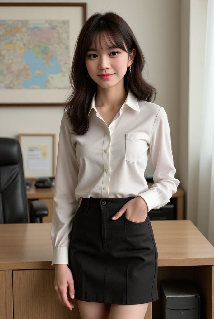 (RAW photo、best quality)、(genuine、photo-genuineistic:1.3)、best quality、masterpiece、very delicate and beautiful、Very detailed CG、unity、8K wallpaper、surprisingly okay、small detailasterpiece、best quality、very detailed eyes and face、detailed and beautiful eyes、facial light、pay attention to your audience、(best quality、8K、32k、masterpiece、UHD:1.2)、cute japanese women pictures、fine double eyes、double eyelid、the most beautiful face in the world、hair、big big 、Suit attire、Work style、white blouse、too short black skirt、tight clothes、tight clothes、Boardroom Background、sexy、pin high heels、camel toe、whole body、thick thighs、barefoot、