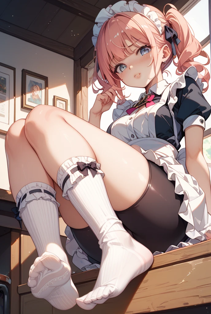 Young girl with pink hair, long twintail hairstyle, small bushy eyebrows, wearing gothic lolita clothes, lolicon (Zankuro) drawing style by zankuro artist, Zancrow style, image uploaded in R34, walking in the mall, flirty smile , suddenly having sex in public, sitting on your side ((public sex in a restaurant)) ((lying on her side))