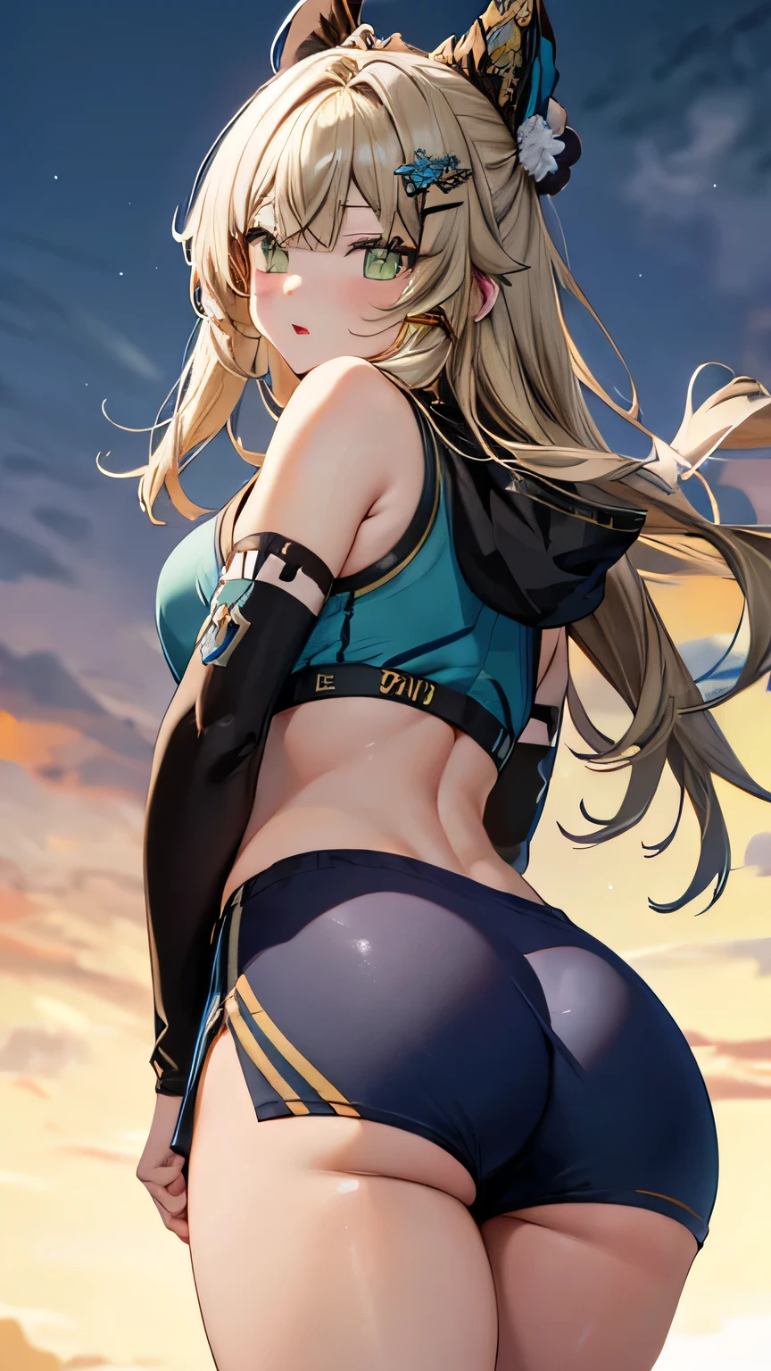 (masterpiece, best quality, ultra quality,8k,4k, high res:1.3), 1girl, pricess zelda, nintendo, the legend of zelda, botw, black pants, from behind, nice ass, cute, beach, full body view, (looking at viewer), ocean, confident, vivid colors, beautiful, from the front